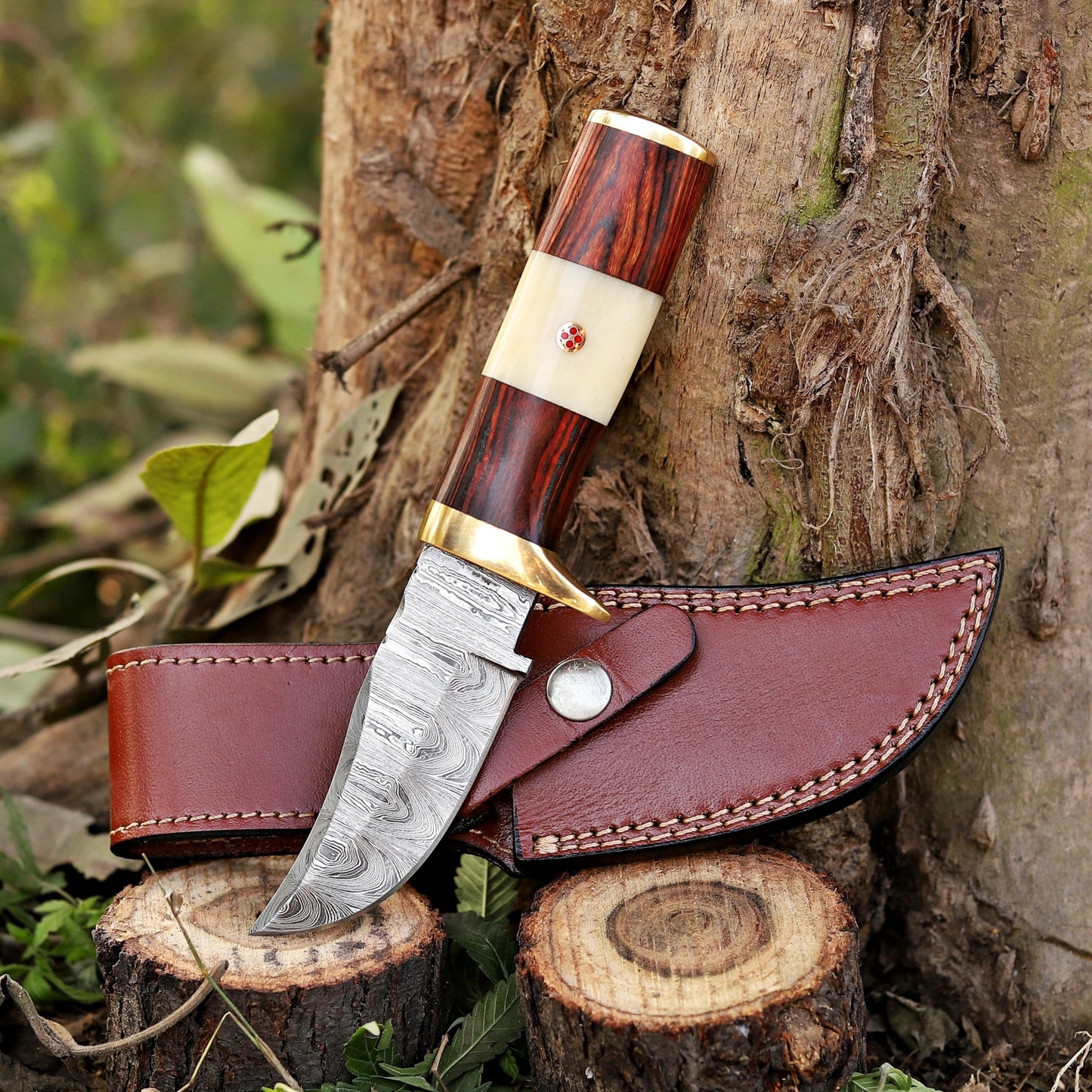 Mike Fink Skinner - CUSTOM HANDMADE FORGED DAMASCUS Steel Hunting Knife Wood & Camel Bone Handle