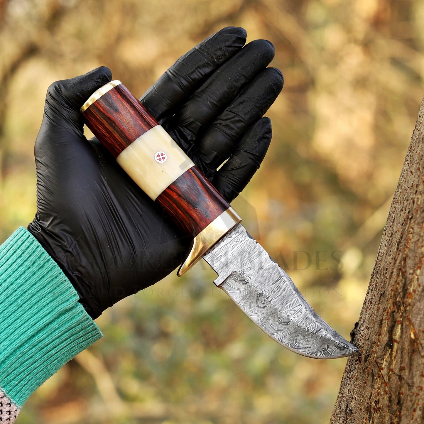 Mike Fink Skinner - CUSTOM HANDMADE FORGED DAMASCUS Steel Hunting Knife Wood & Camel Bone Handle