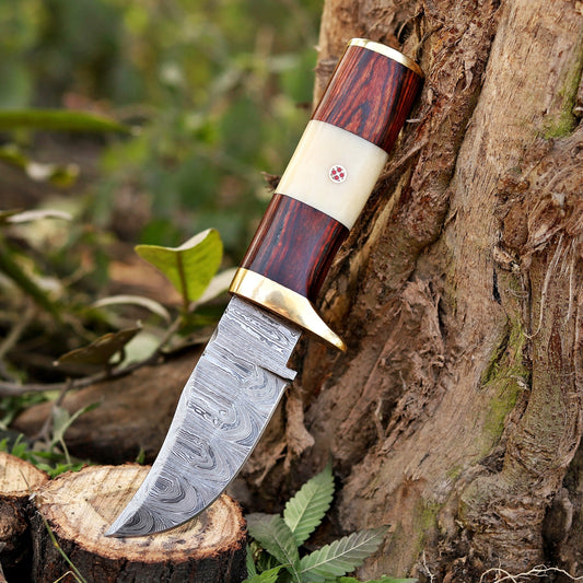 Mike Fink Skinner - CUSTOM HANDMADE FORGED DAMASCUS Steel Hunting Knife Wood & Camel Bone Handle