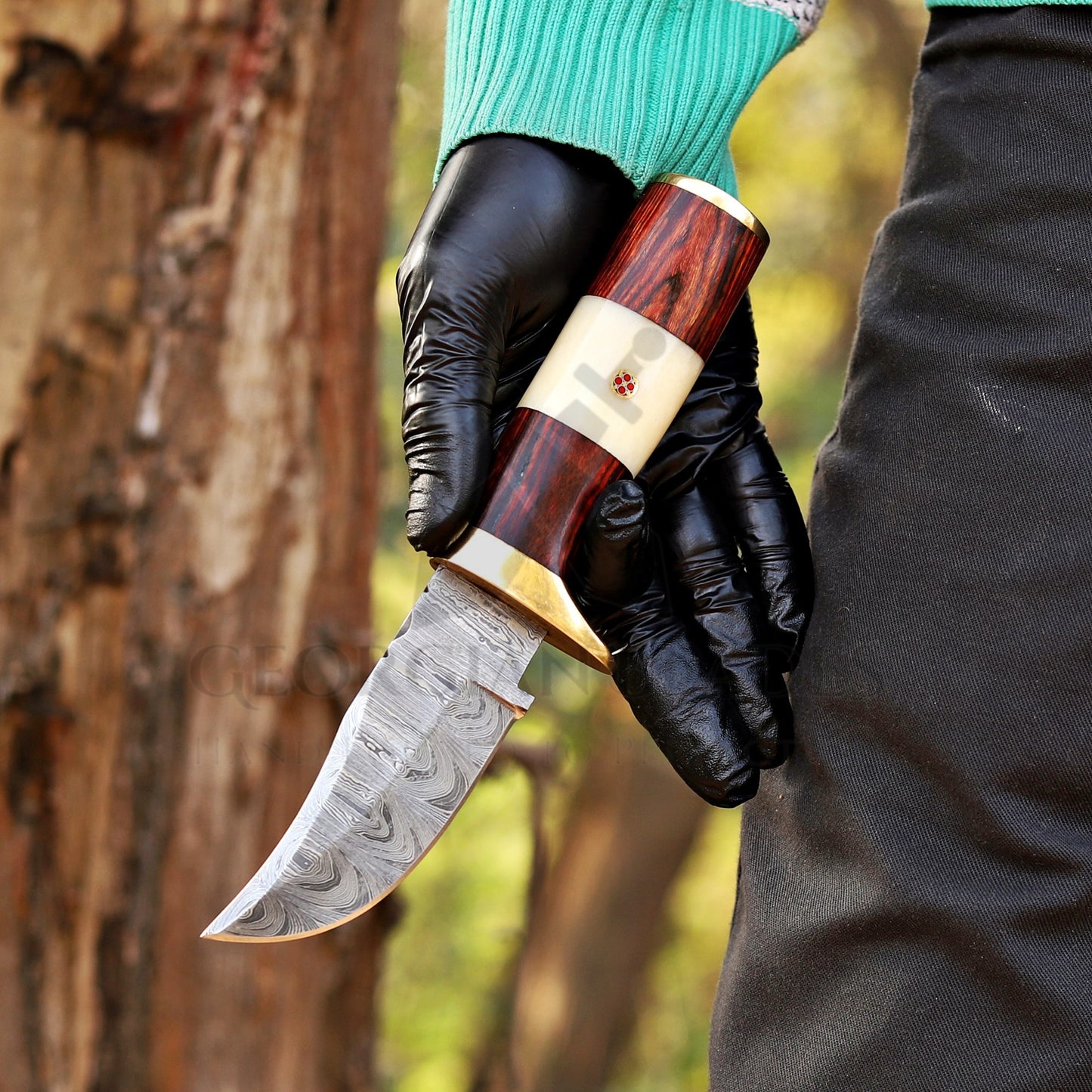 Mike Fink Skinner - CUSTOM HANDMADE FORGED DAMASCUS Steel Hunting Knife Wood & Camel Bone Handle