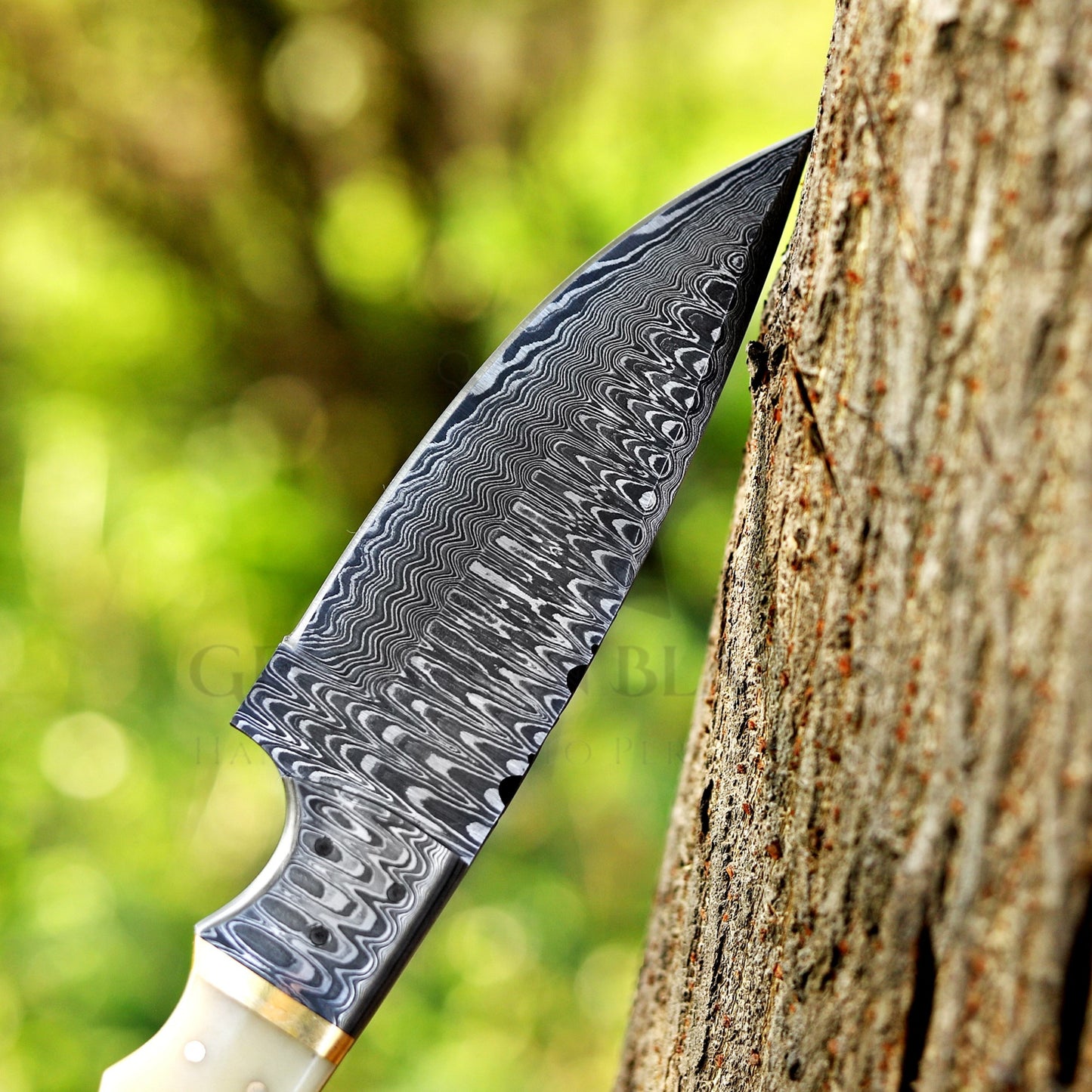 Br'er Rabbit Blade -  9” Hand Forged Damascus Steel Full Tang Skinner Knife - Camel Bone Handle