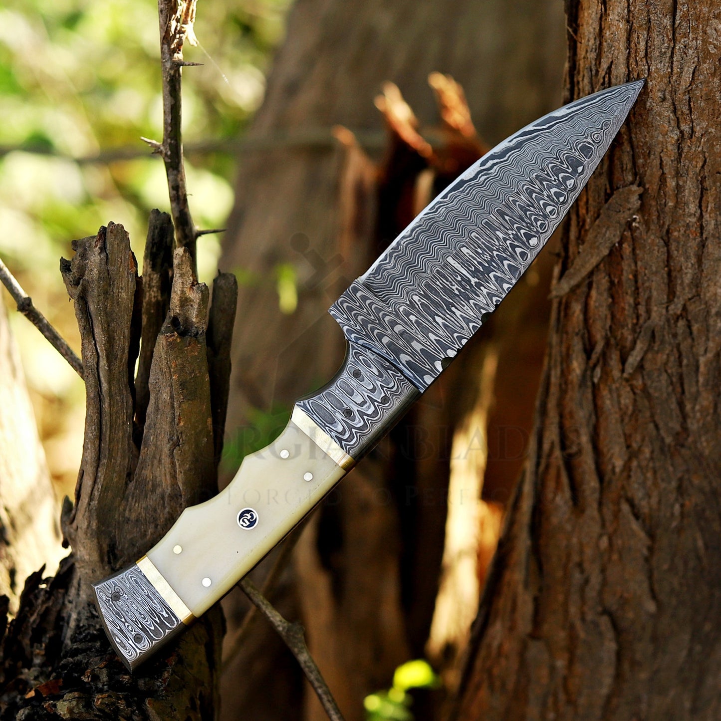 Br'er Rabbit Blade -  9” Hand Forged Damascus Steel Full Tang Skinner Knife - Camel Bone Handle