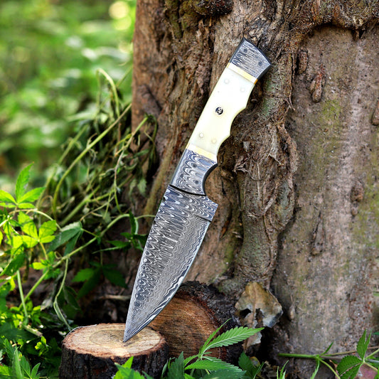 Br'er Rabbit Blade -  9” Hand Forged Damascus Steel Full Tang Skinner Knife - Camel Bone Handle