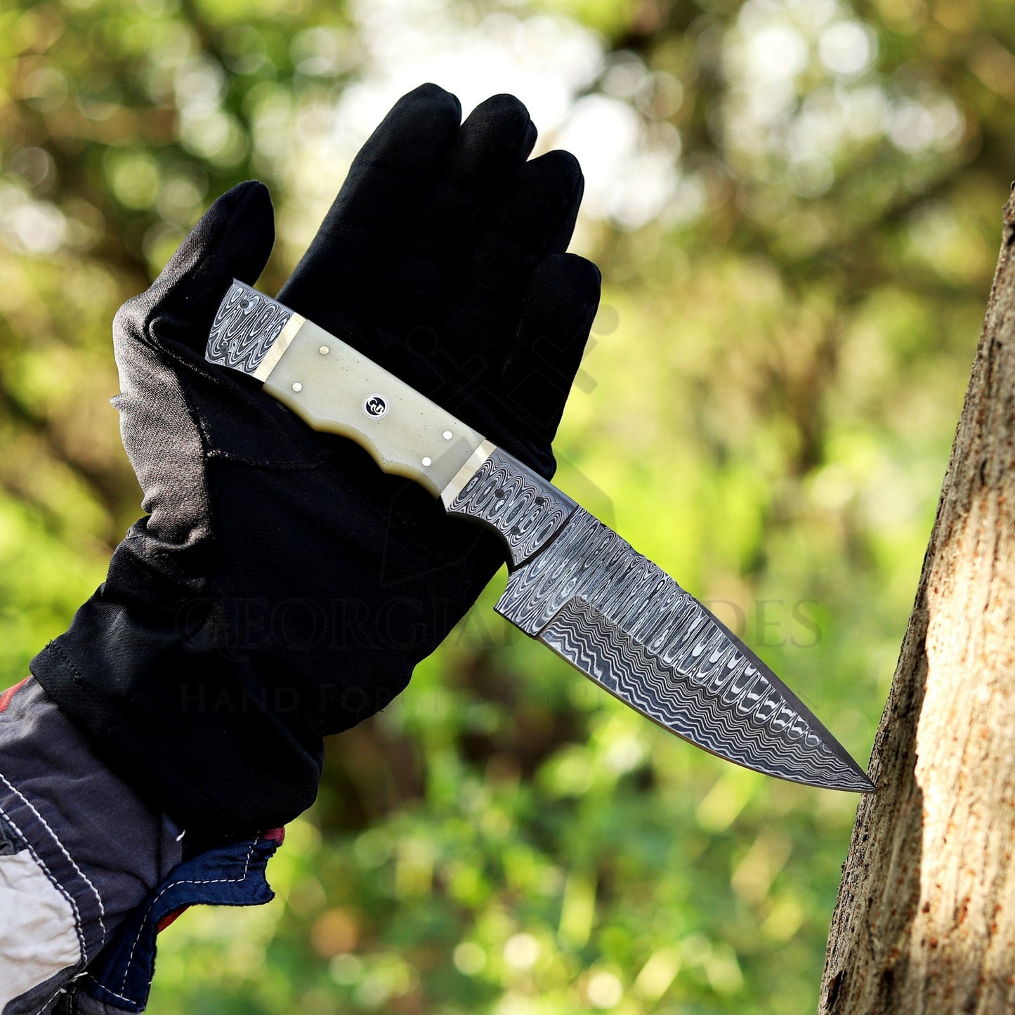 Br'er Rabbit Blade -  9” Hand Forged Damascus Steel Full Tang Skinner Knife - Camel Bone Handle