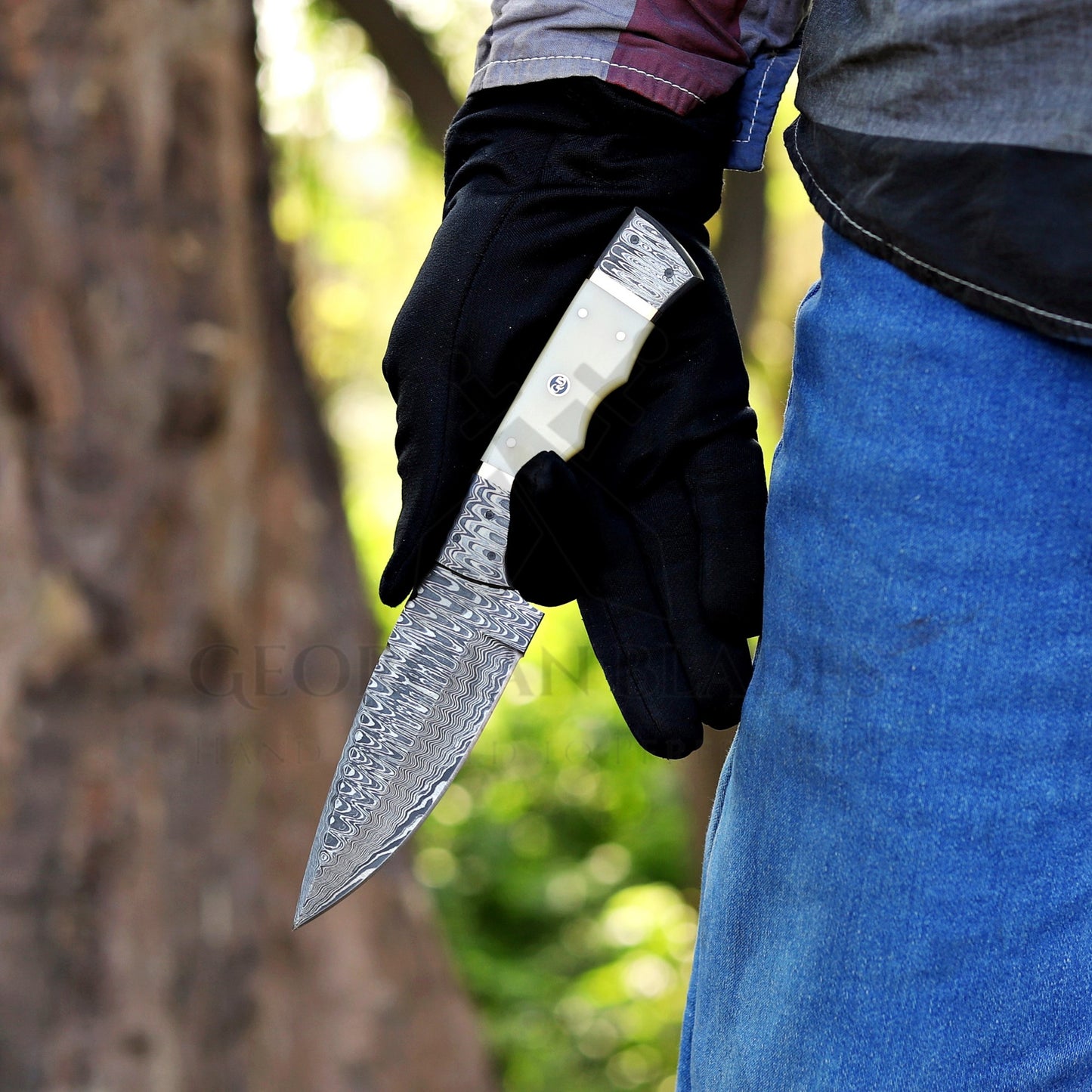 Br'er Rabbit Blade -  9” Hand Forged Damascus Steel Full Tang Skinner Knife - Camel Bone Handle