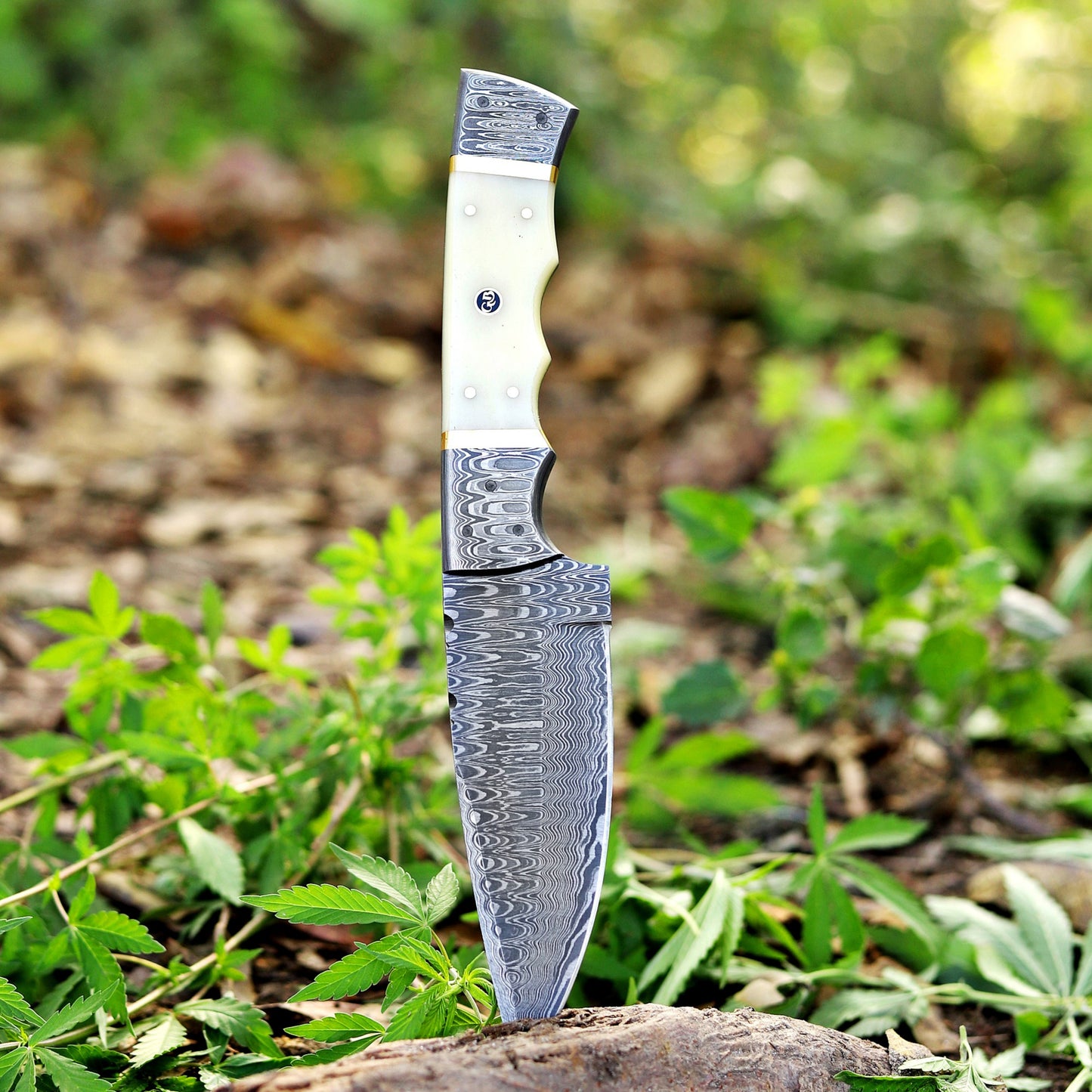 Br'er Rabbit Blade -  9” Hand Forged Damascus Steel Full Tang Skinner Knife - Camel Bone Handle