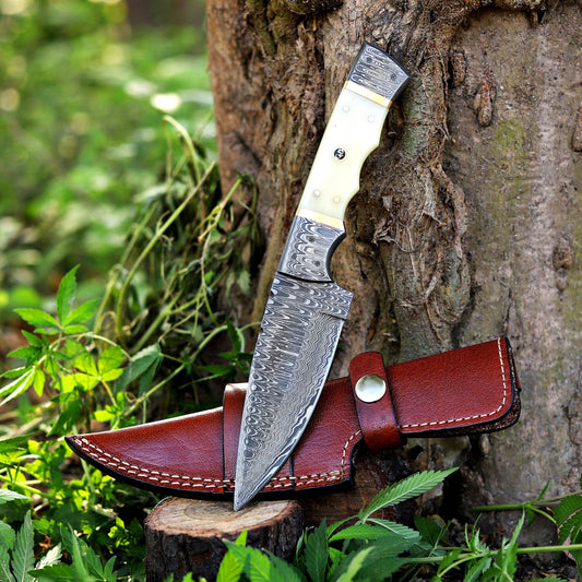 Br'er Rabbit Blade -  9” Hand Forged Damascus Steel Full Tang Skinner Knife - Camel Bone Handle