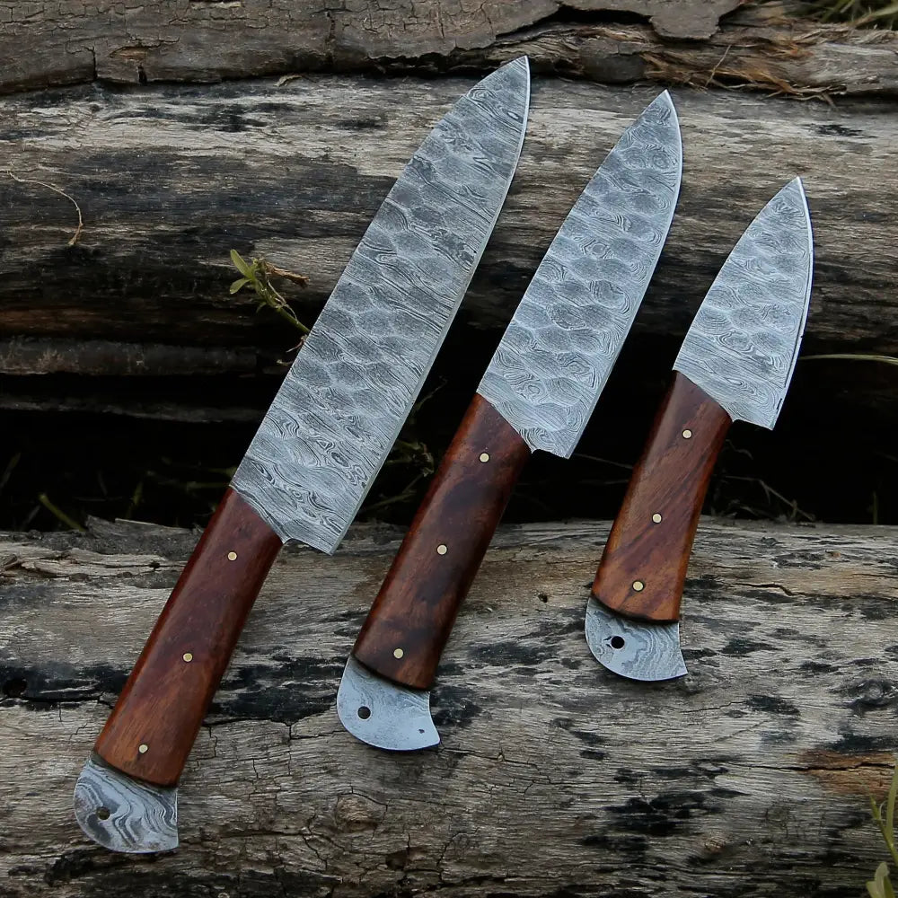Damascus 3 Piece Chef Knife Set & Leather Roll