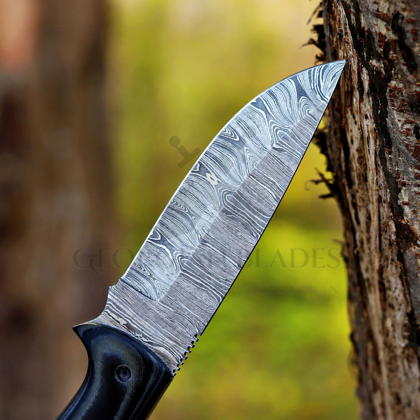 Marshall Hunter: Damascus Hunting Knife – Handmade Fixed Blade with Horizontal Leather Sheath