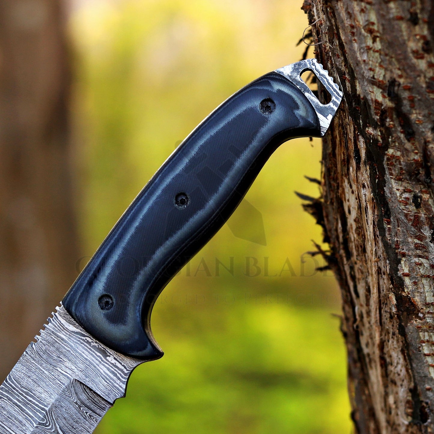Marshall Hunter: Damascus Hunting Knife – Handmade Fixed Blade with Horizontal Leather Sheath