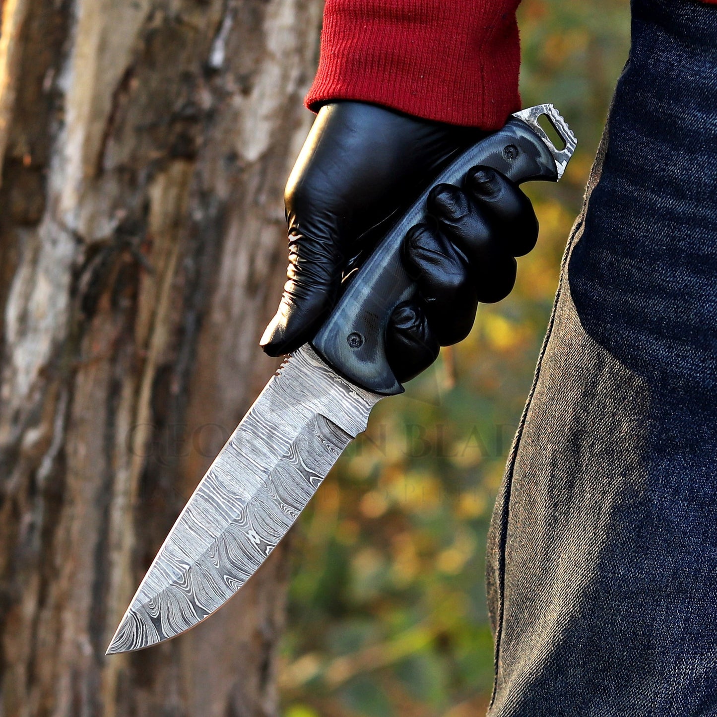 Marshall Hunter: Damascus Hunting Knife – Handmade Fixed Blade with Horizontal Leather Sheath