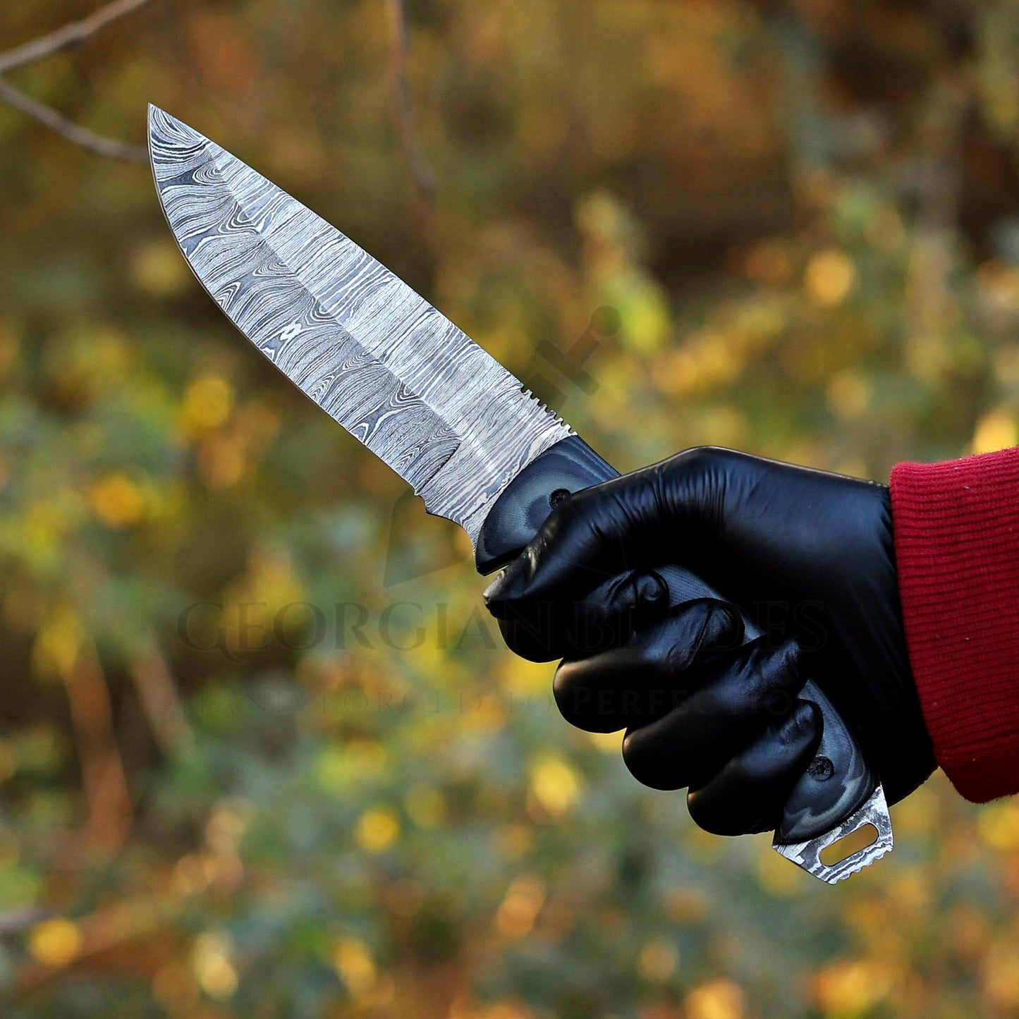 Marshall Hunter: Damascus Hunting Knife – Handmade Fixed Blade with Horizontal Leather Sheath
