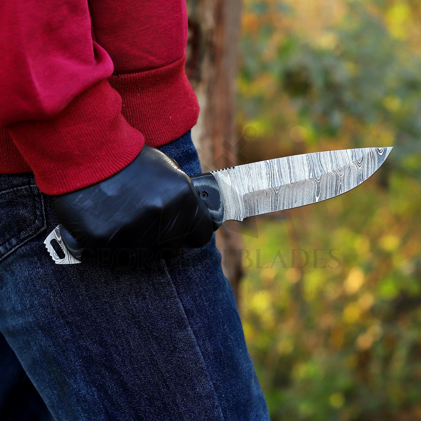 Marshall Hunter: Damascus Hunting Knife – Handmade Fixed Blade with Horizontal Leather Sheath