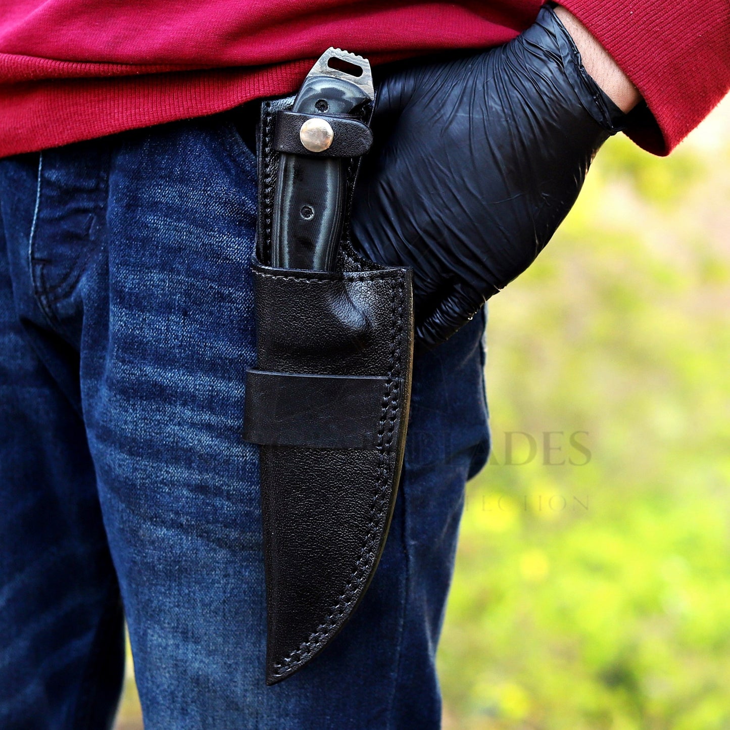 Marshall Hunter: Damascus Hunting Knife – Handmade Fixed Blade with Horizontal Leather Sheath