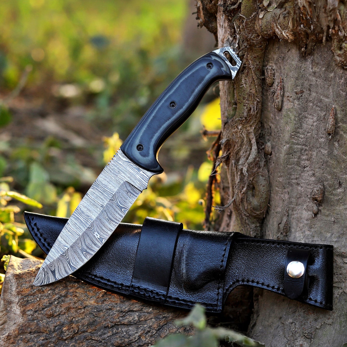 Marshall Hunter: Damascus Hunting Knife – Handmade Fixed Blade with Horizontal Leather Sheath