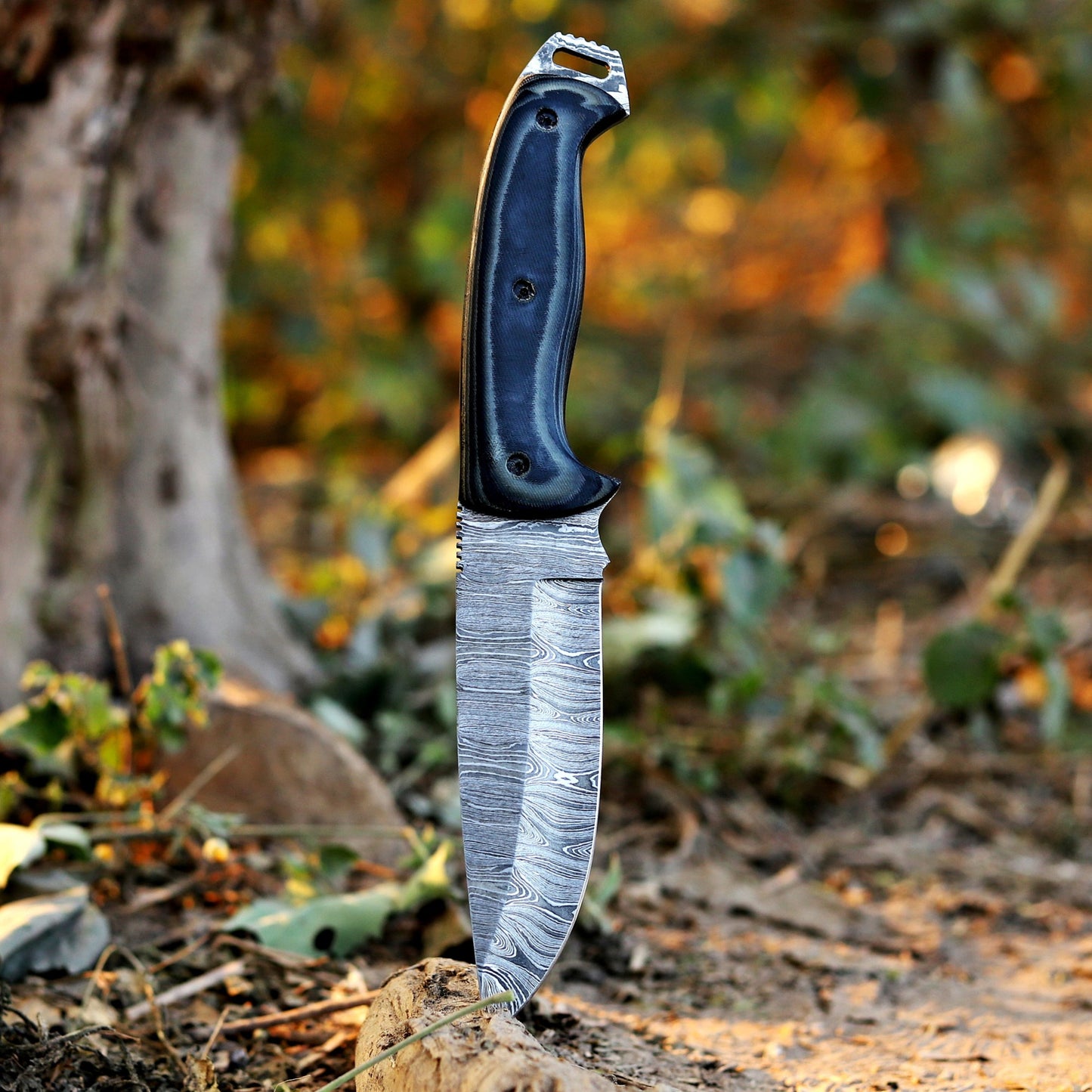 Marshall Hunter: Damascus Hunting Knife – Handmade Fixed Blade with Horizontal Leather Sheath