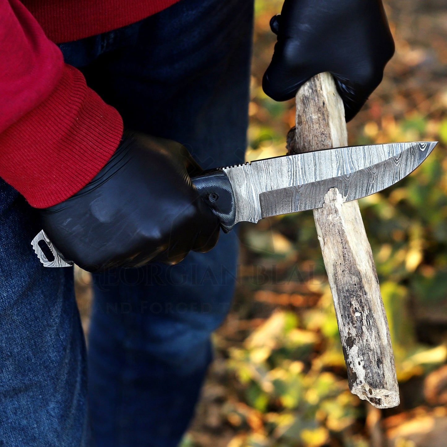 Marshall Hunter: Damascus Hunting Knife – Handmade Fixed Blade with Horizontal Leather Sheath