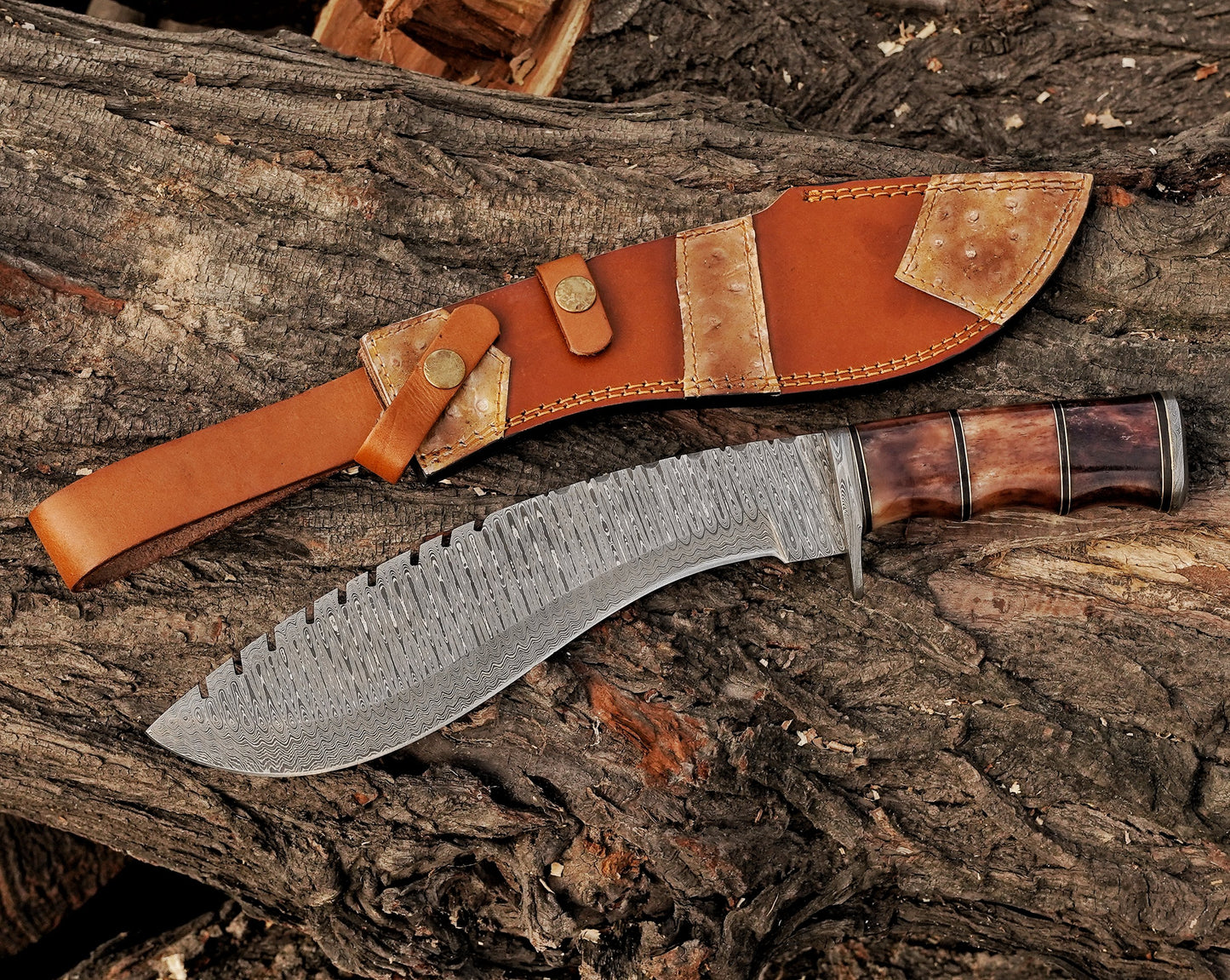 Emberwood Kukri – 15 inch Hand-Forged Damascus Masterpiece Kukri Knife with Leather Sheath