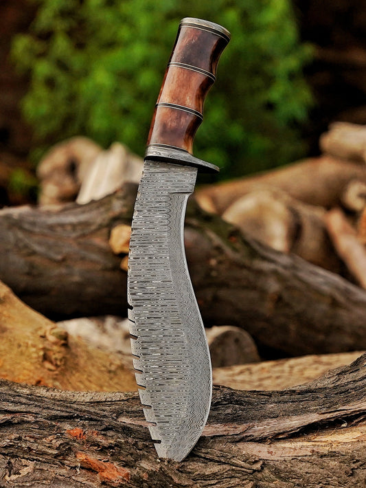 Emberwood Kukri – 15 inch Hand-Forged Damascus Masterpiece Kukri Knife with Leather Sheath