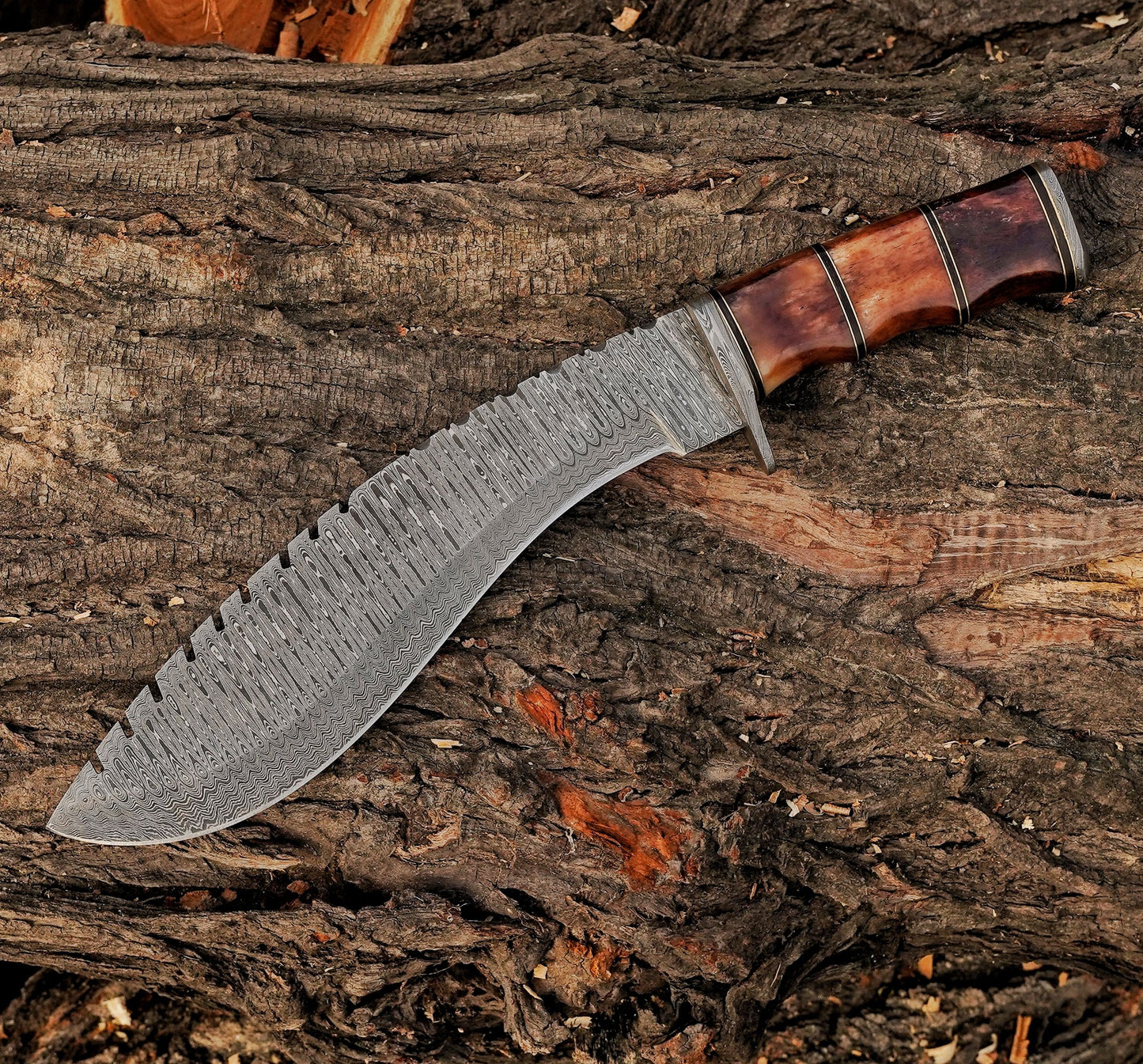 Emberwood Kukri – 15 inch Hand-Forged Damascus Masterpiece Kukri Knife with Leather Sheath