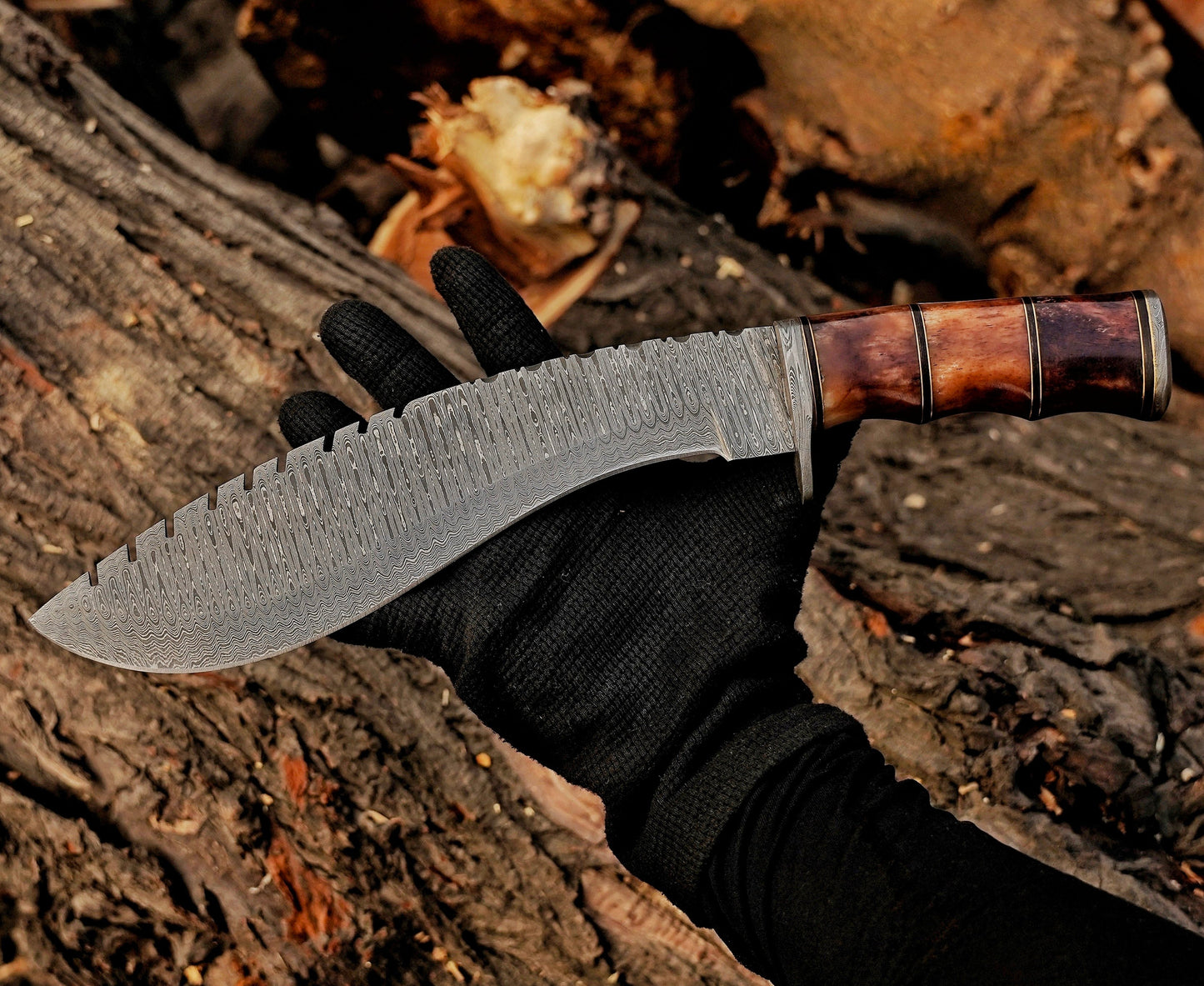 Emberwood Kukri – 15 inch Hand-Forged Damascus Masterpiece Kukri Knife with Leather Sheath