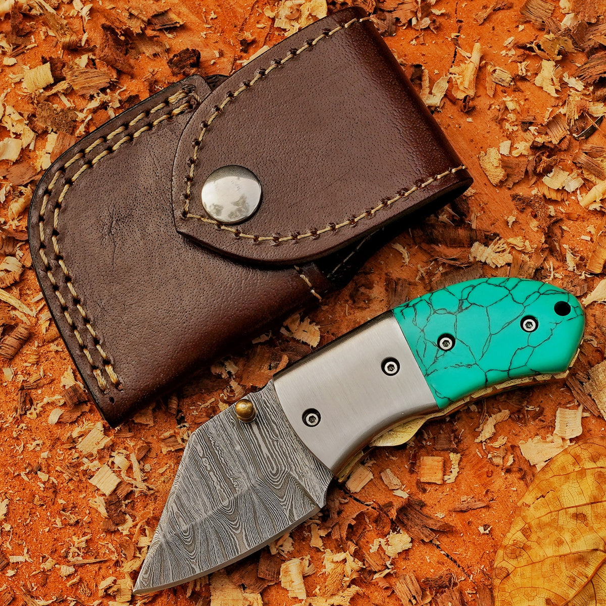 Santa Fe Folder — 5" Damascus Pocket Knife with Turquoise-Style Stone Composite Handle