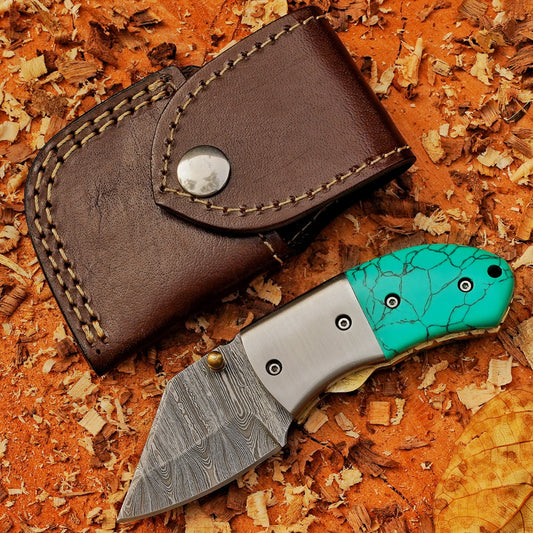 Santa Fe Folder — 5" Damascus Pocket Knife with Turquoise-Style Stone Composite Handle
