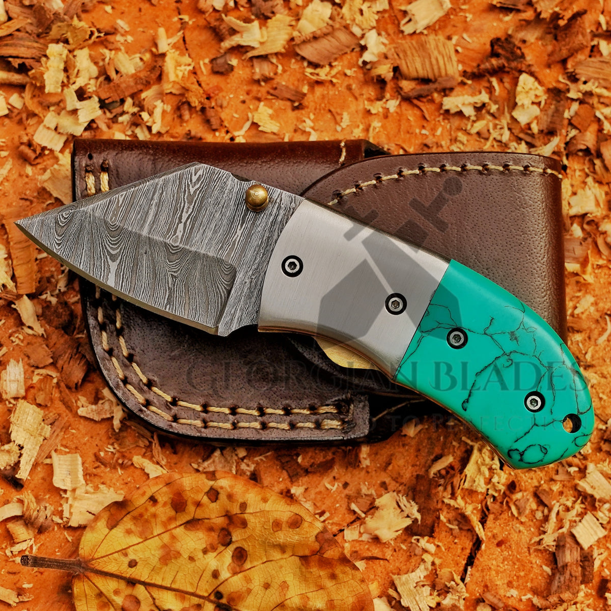 Santa Fe Folder — 5" Damascus Pocket Knife with Turquoise-Style Stone Composite Handle