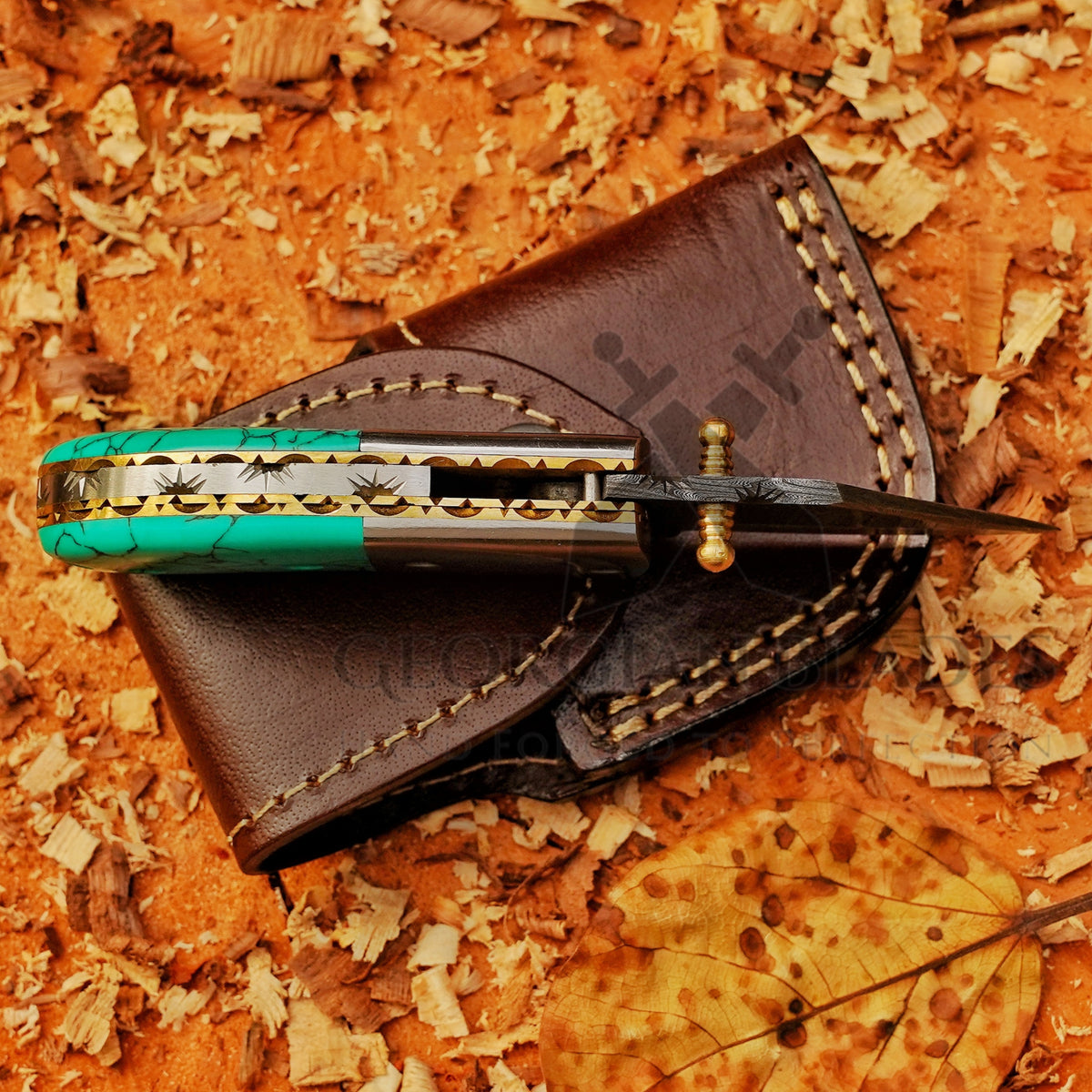 Santa Fe Folder — 5" Damascus Pocket Knife with Turquoise-Style Stone Composite Handle