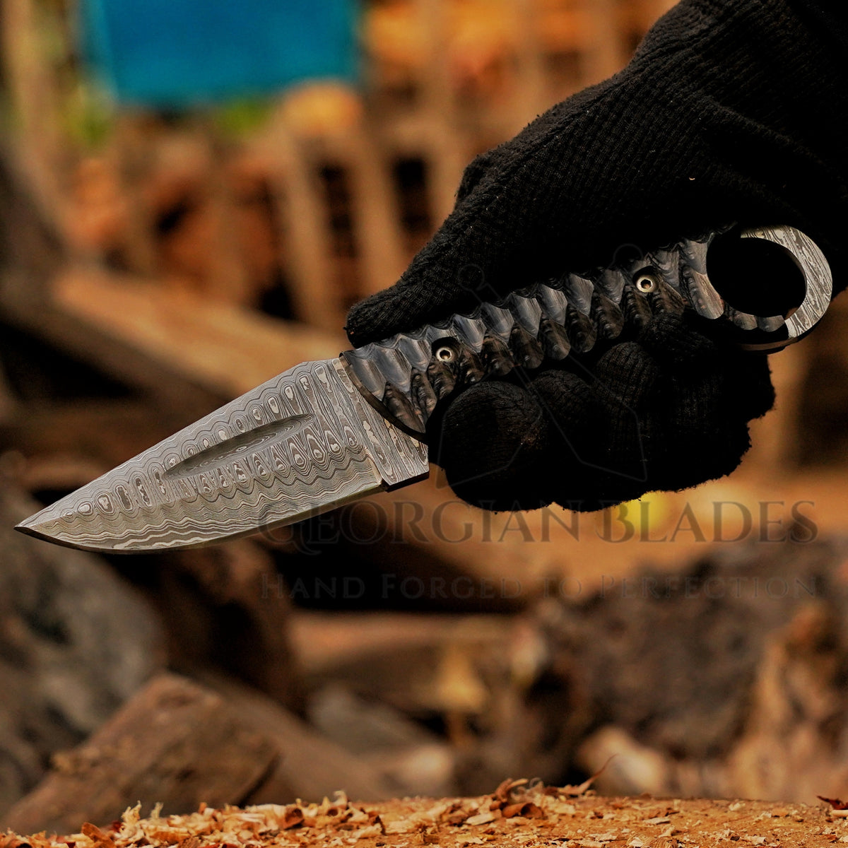 Ridgeback Skinner — 9" Hand-Forged Ladder Damascus Skinning Knife with Ring Pommel