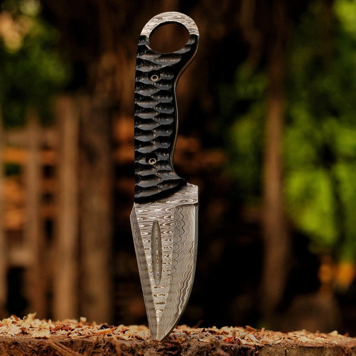 Ridgeback Skinner — 9" Hand-Forged Ladder Damascus Skinning Knife with Ring Pommel