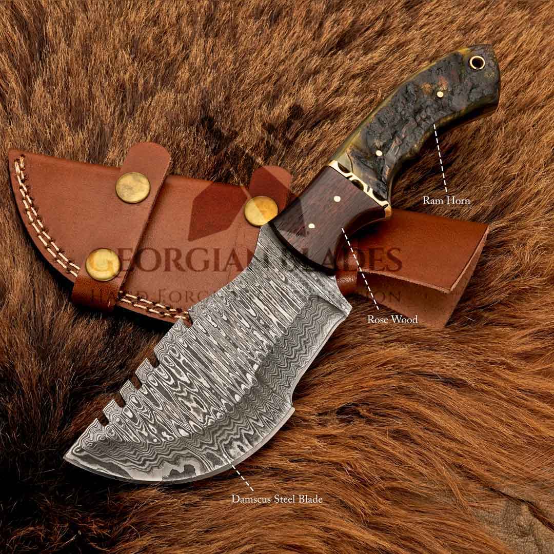 Expedition Emissary: Handmade Damascus Steel Hunting Tracker Knife With Ram Horn & Rosewood Handle