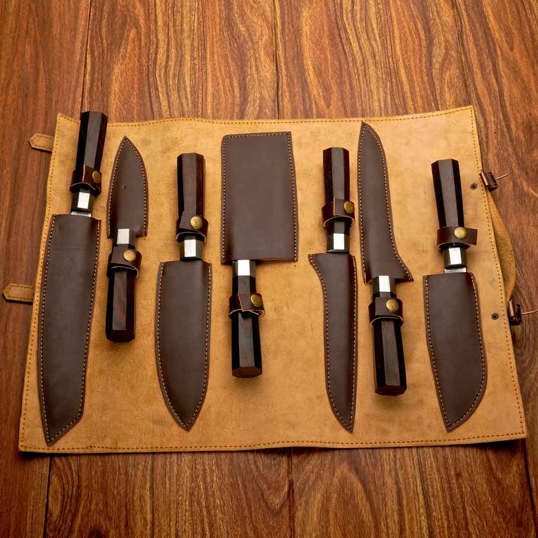 Gastronome's Grace - 7 Piece Kitchen Chef Set with Wenge Wood Handle and Leather Roll