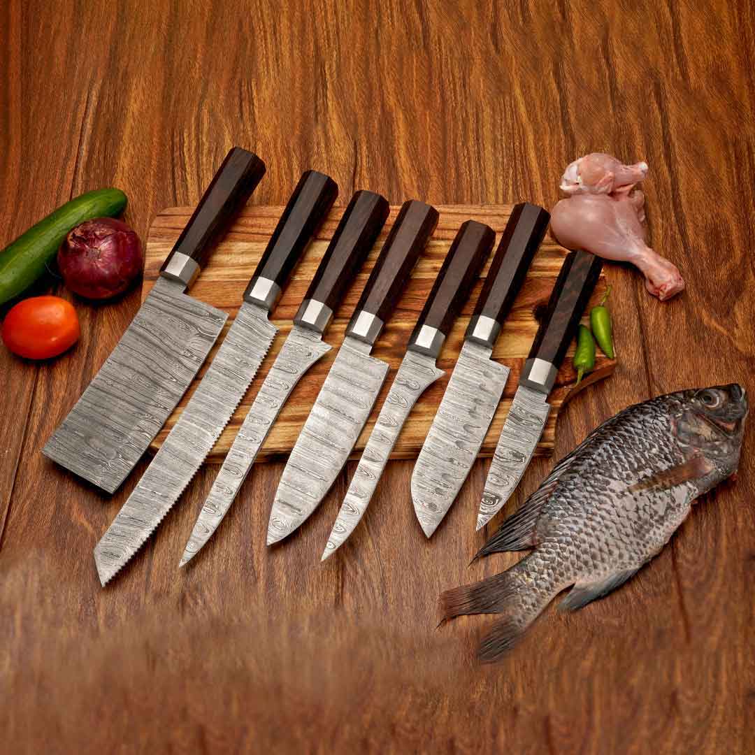 Gastronome's Grace - 7 Piece Kitchen Chef Set with Wenge Wood Handle and Leather Roll