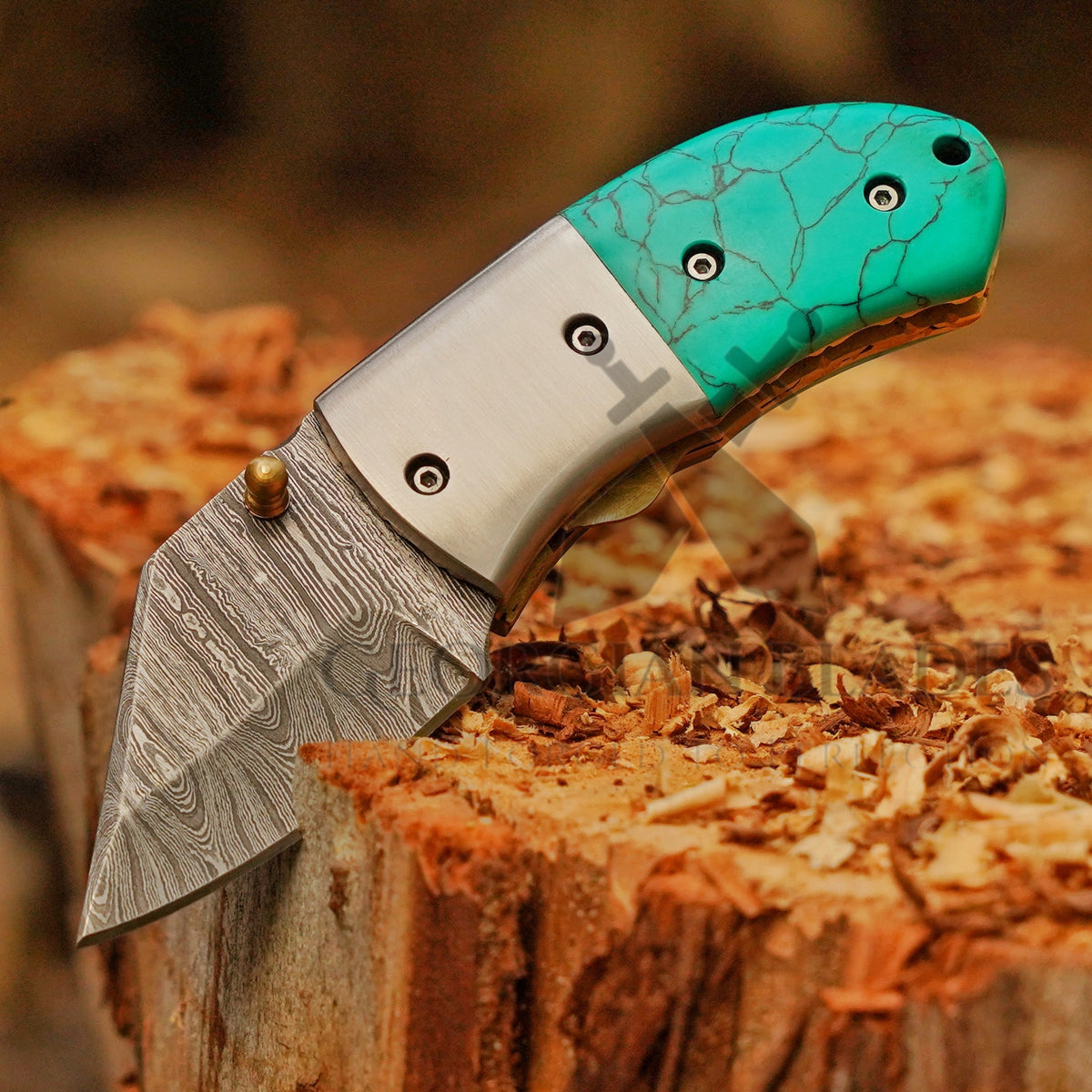 Santa Fe Folder — 5" Damascus Pocket Knife with Turquoise-Style Stone Composite Handle