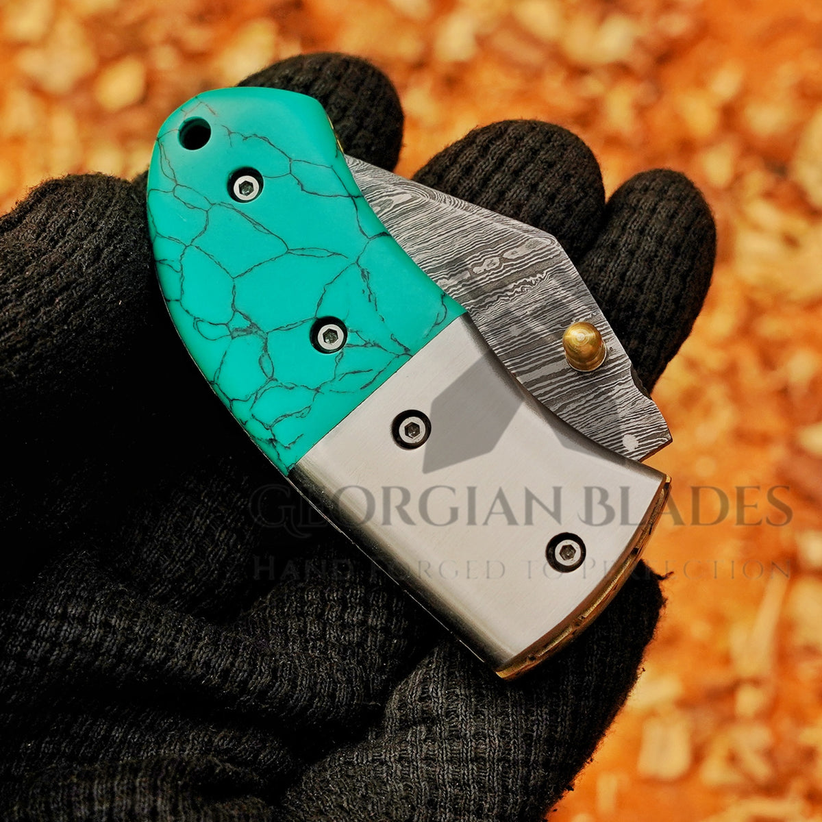 Santa Fe Folder — 5" Damascus Pocket Knife with Turquoise-Style Stone Composite Handle
