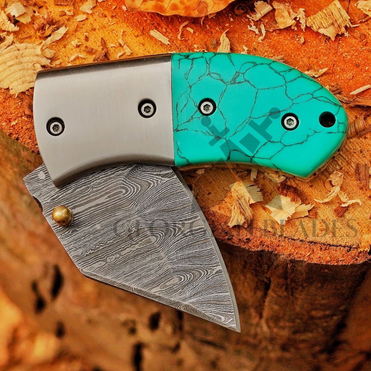 Santa Fe Folder — 5" Damascus Pocket Knife with Turquoise-Style Stone Composite Handle