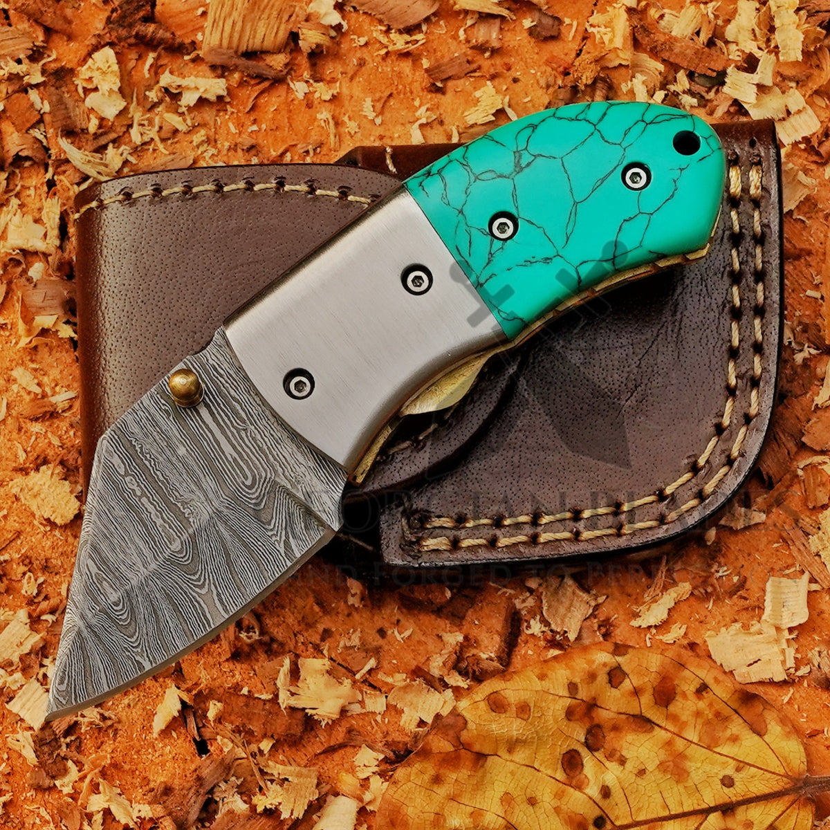 Santa Fe Folder — 5" Damascus Pocket Knife with Turquoise-Style Stone Composite Handle