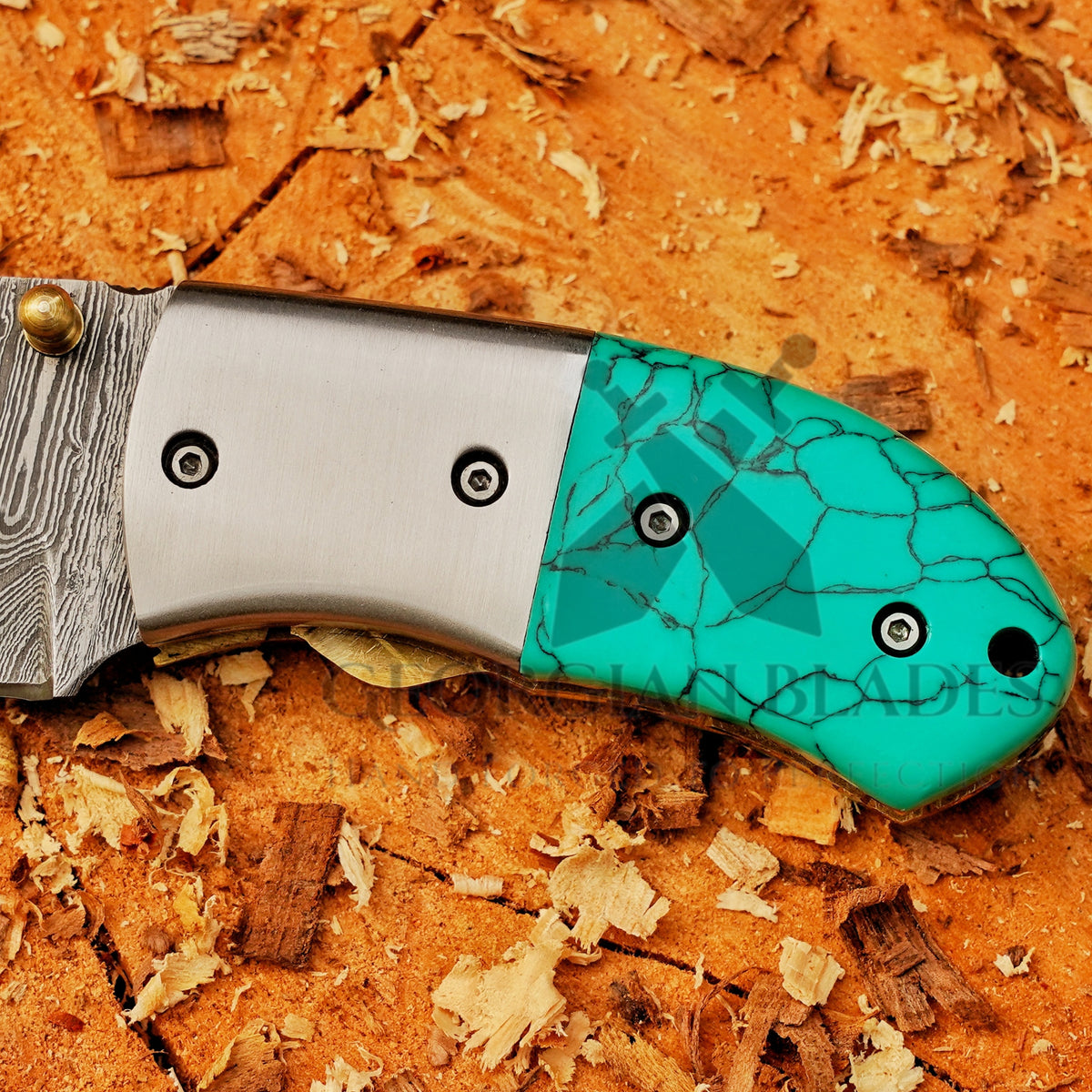 Santa Fe Folder — 5" Damascus Pocket Knife with Turquoise-Style Stone Composite Handle