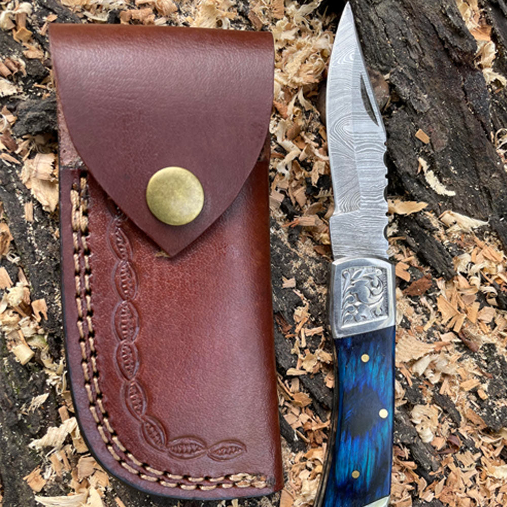 Handmade Damascus Pocket Knife with Leather Sheath