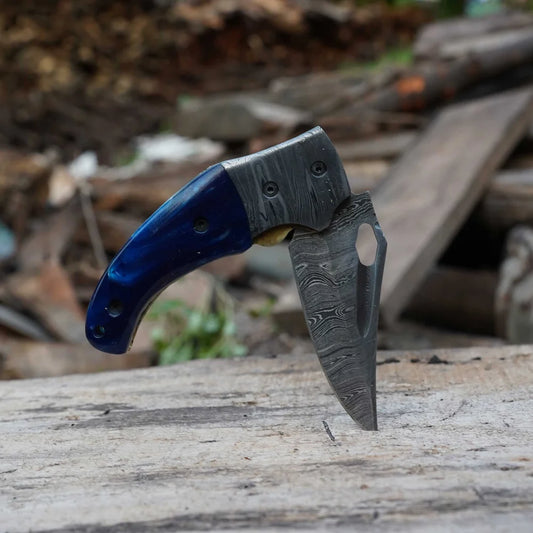 MeteorEdge - 9" Damascus Steel Pocket Folding Knife with Leather Sheath