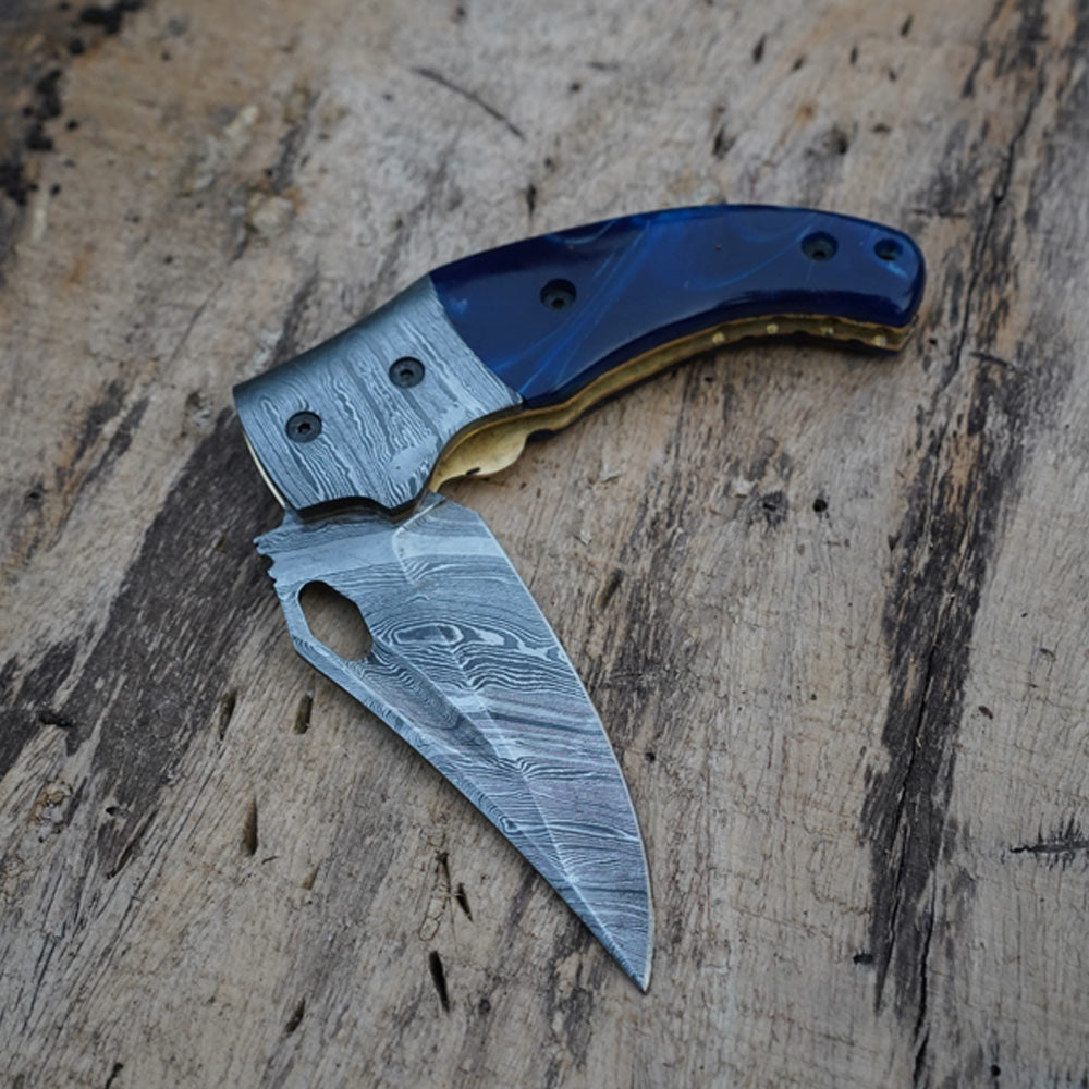 Hand Forged Damascus Steel Pocket Knife with Leather Sheath | Georgian ...