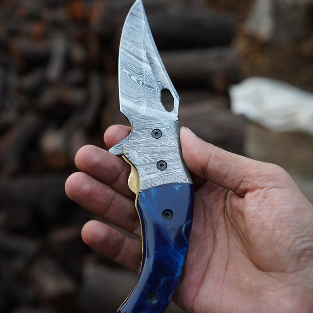 Hand Forged Damascus Steel Pocket Knife with Leather Sheath | Georgian ...