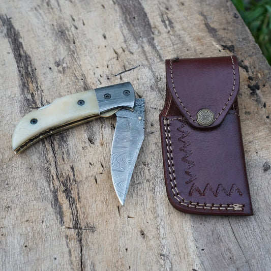 RadiantReach - 8" Hand Forged Damascus Steel Pocket Knife with Leather Sheath