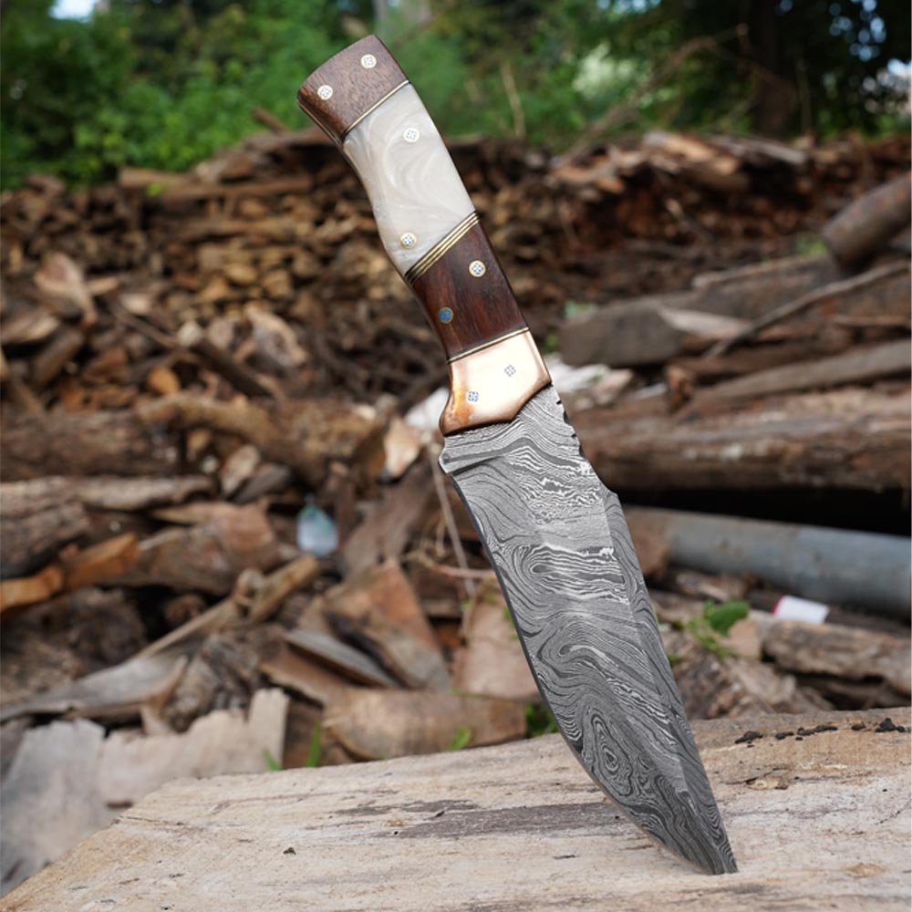Hand Forged Damascus Steel Hunting Knife With Leather Sheath Georgian Hand Forged Damascus Steel Hunting Knife With Leather Sheath Georgian
