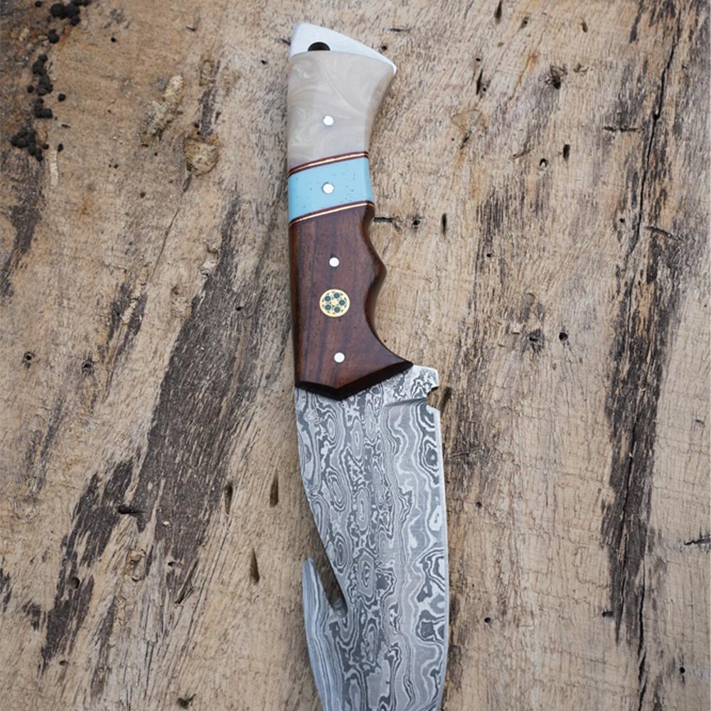Premium Damascus Steel Hunting Knife – Pine Cone Handle, Brass Guard & Leather Sheath main image 0