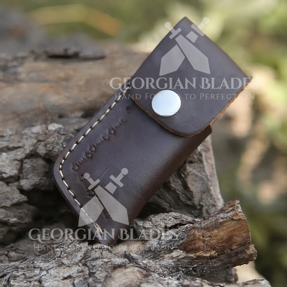 The George Washington Folding Knife - 6.5'' Back Lock Damascus Steel Knife with Rose Handle and Leather Sheath