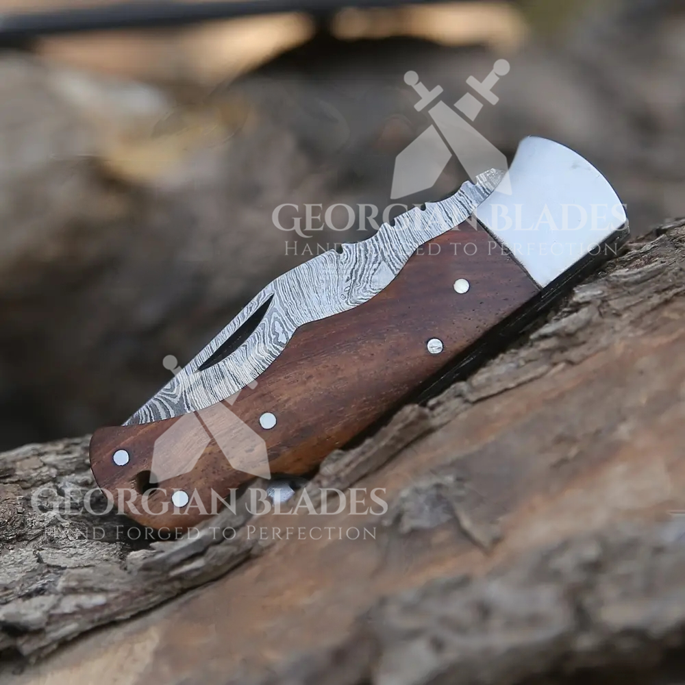 The George Washington Folding Knife - 6.5'' Back Lock Damascus Steel Knife with Rose Handle and Leather Sheath