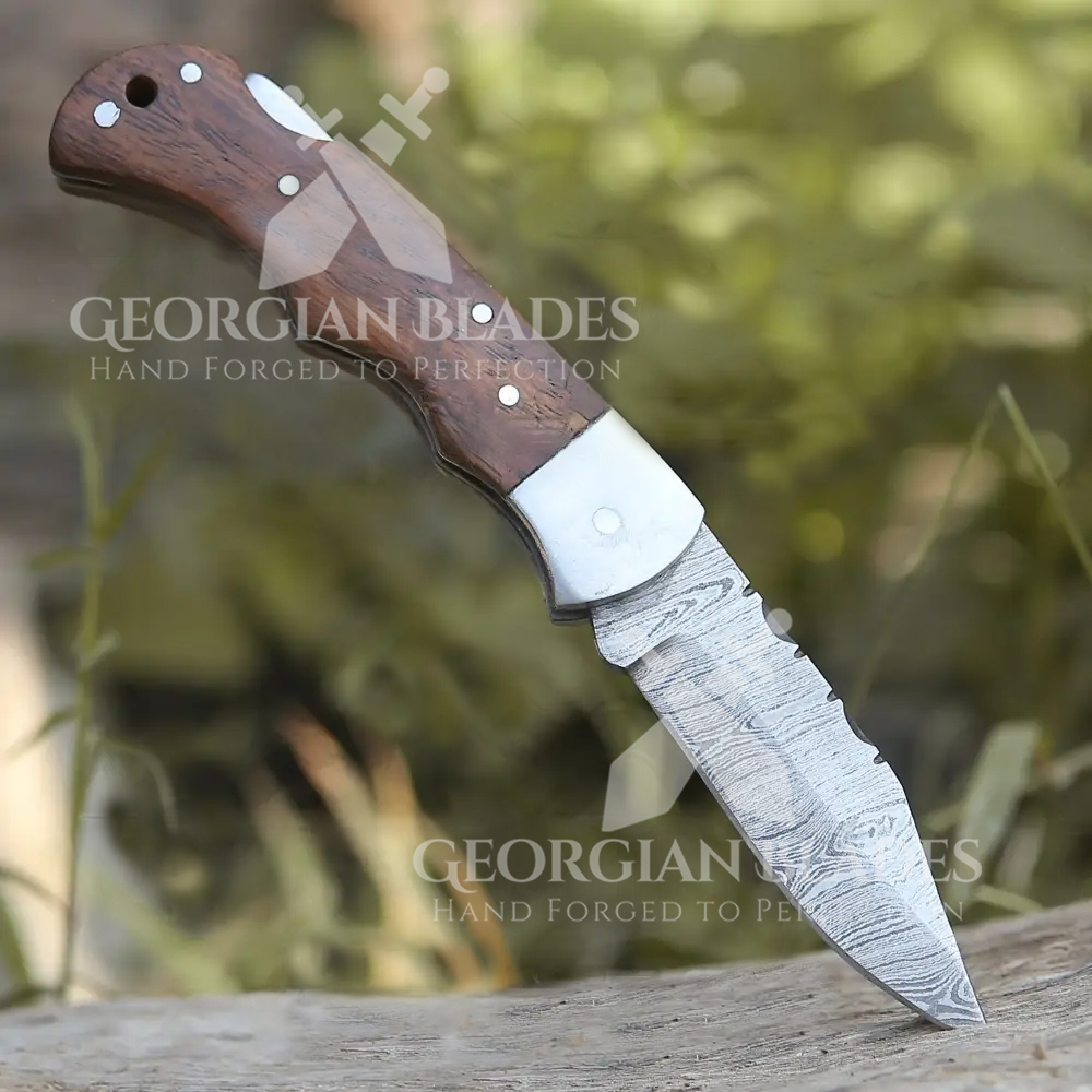 The George Washington Folding Knife - 6.5'' Back Lock Damascus Steel Knife with Rose Handle and Leather Sheath