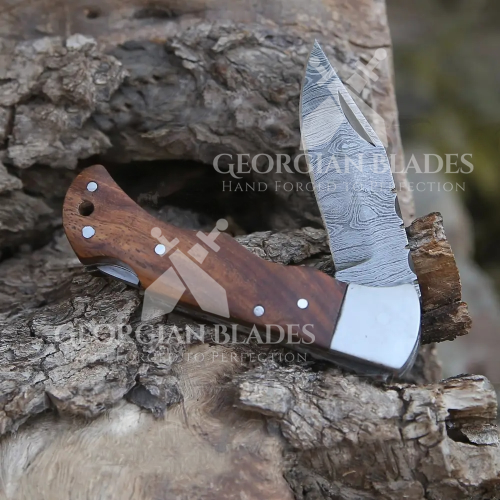 The George Washington Folding Knife - 6.5'' Back Lock Damascus Steel Knife with Rose Handle and Leather Sheath